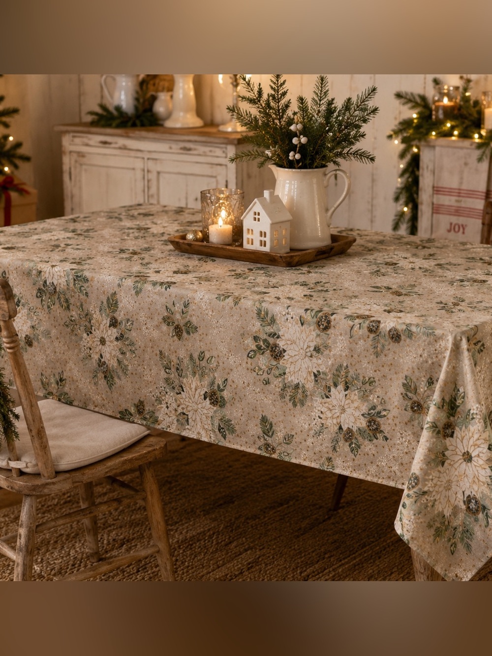 Rachel Ashwell The Farmhouse Christmas Poinsettia Tablecloth 46x58 beige white